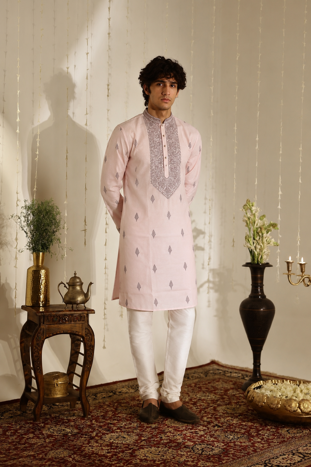 Blush Pink Embroidered Cotton Blend Kurta Set for Men