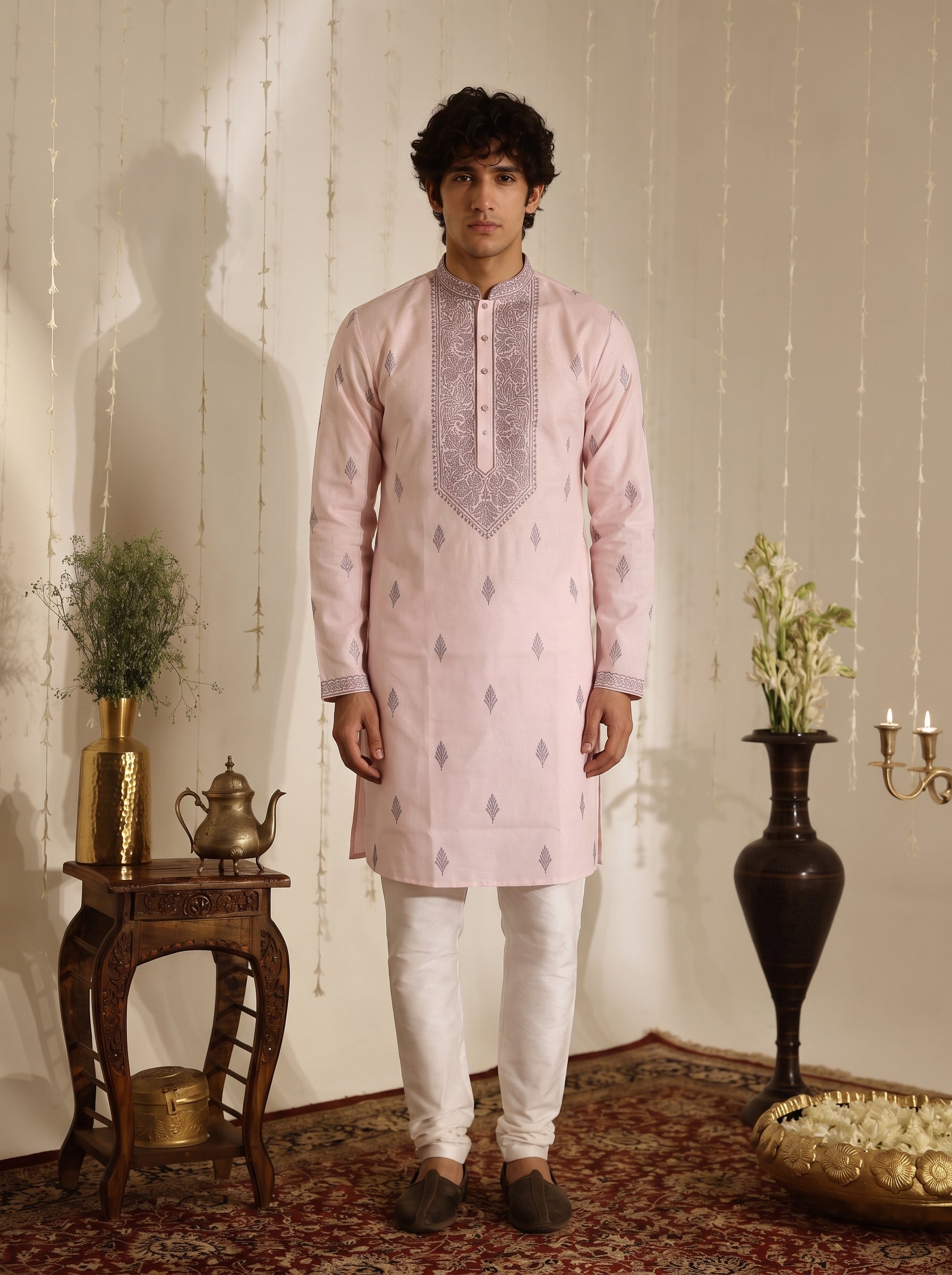 Blush Pink Embroidered Cotton Blend Kurta Set for Men
