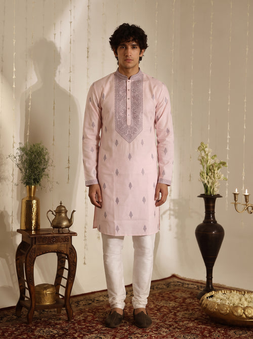 Blush Pink Embroidered Cotton Blend Kurta Set for Men