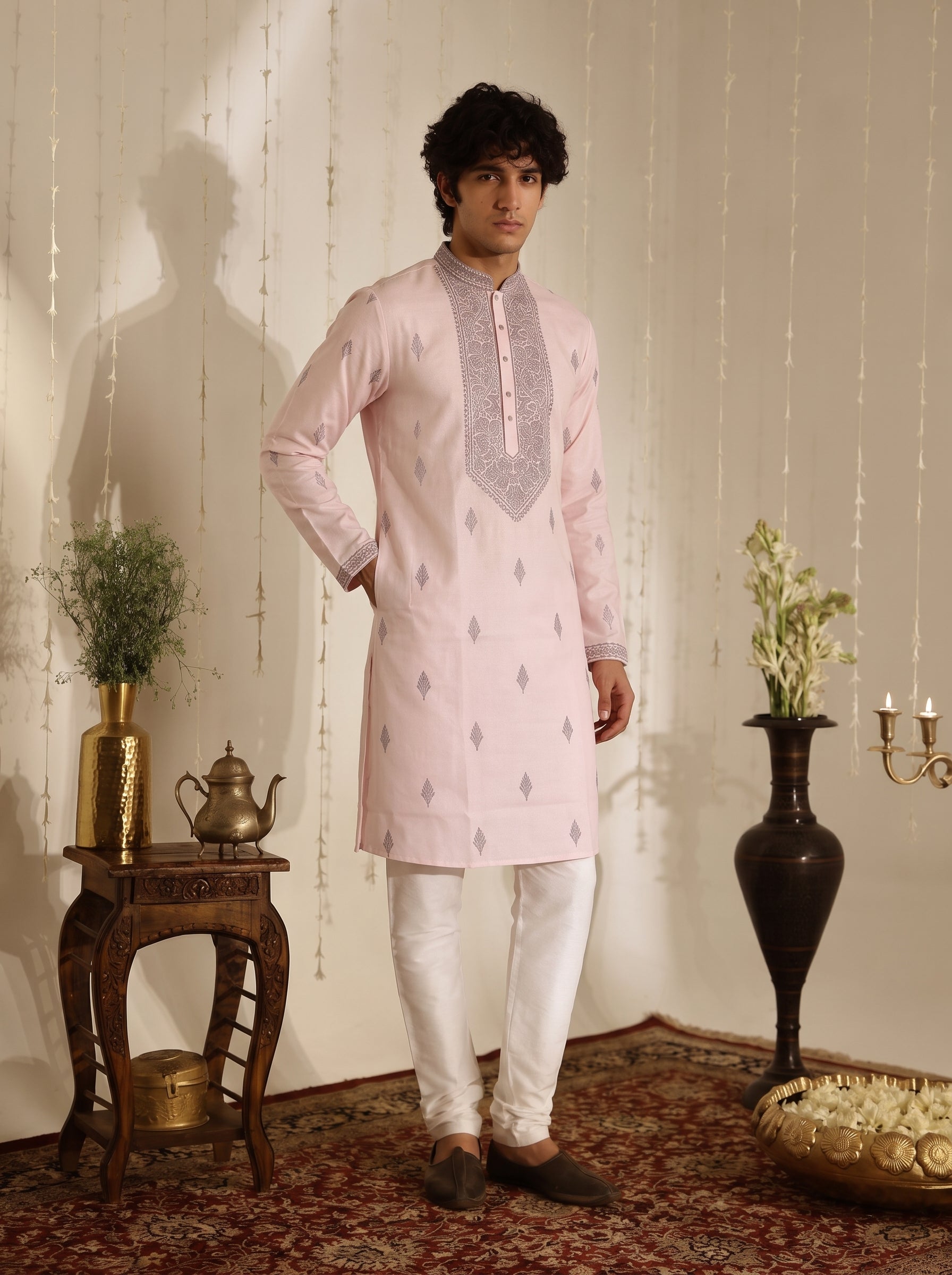 Blush Pink Embroidered Cotton Blend Kurta Set for Men