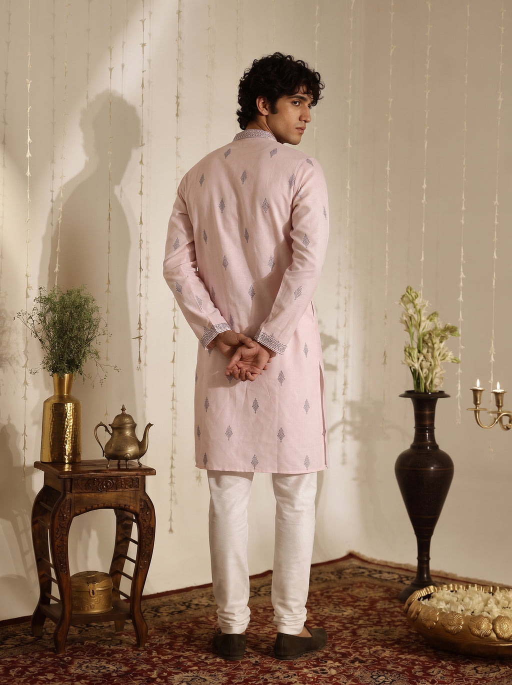 Blush Pink Embroidered Cotton Blend Kurta Set for Men