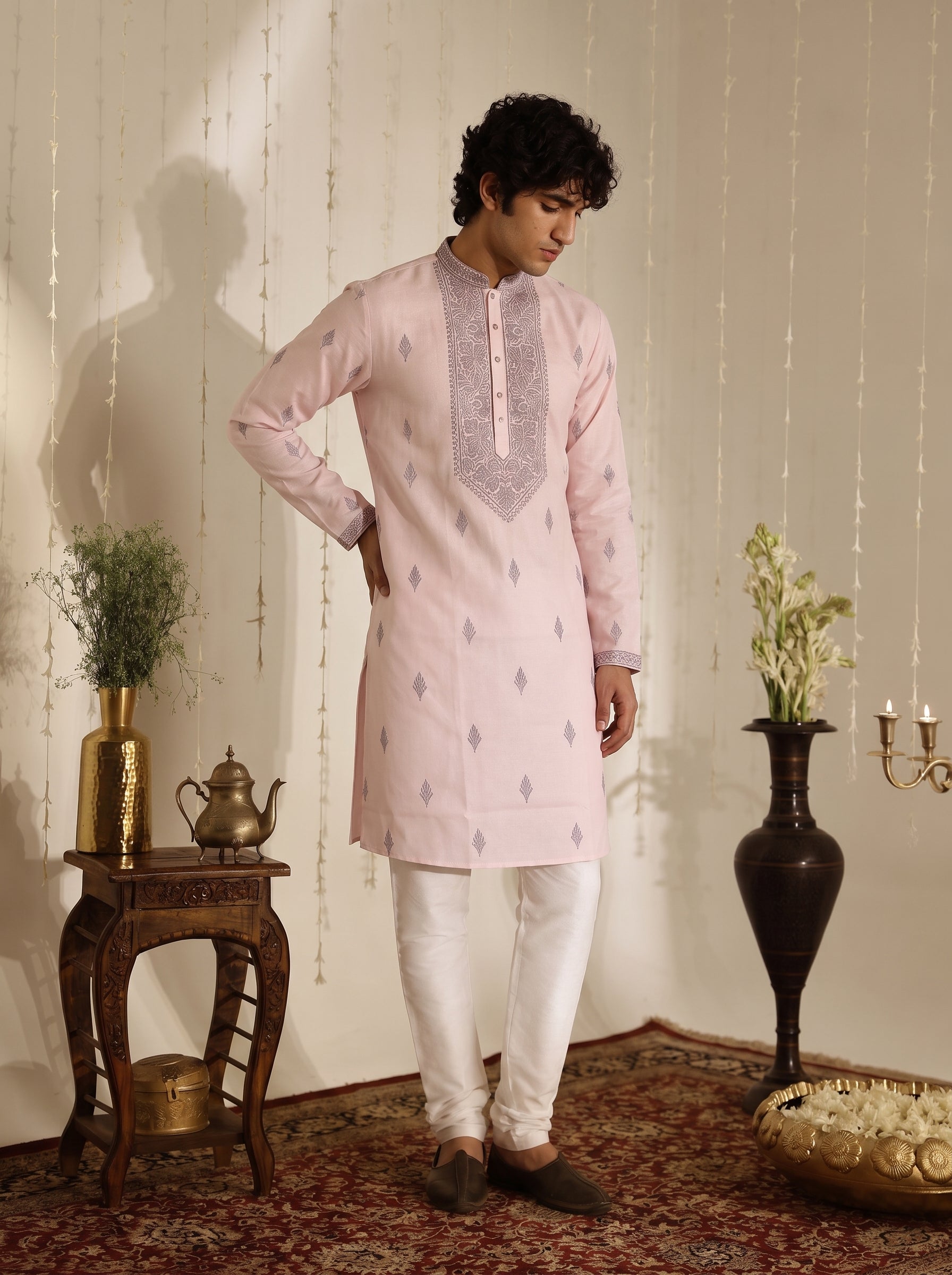 Blush Pink Embroidered Cotton Blend Kurta Set for Men